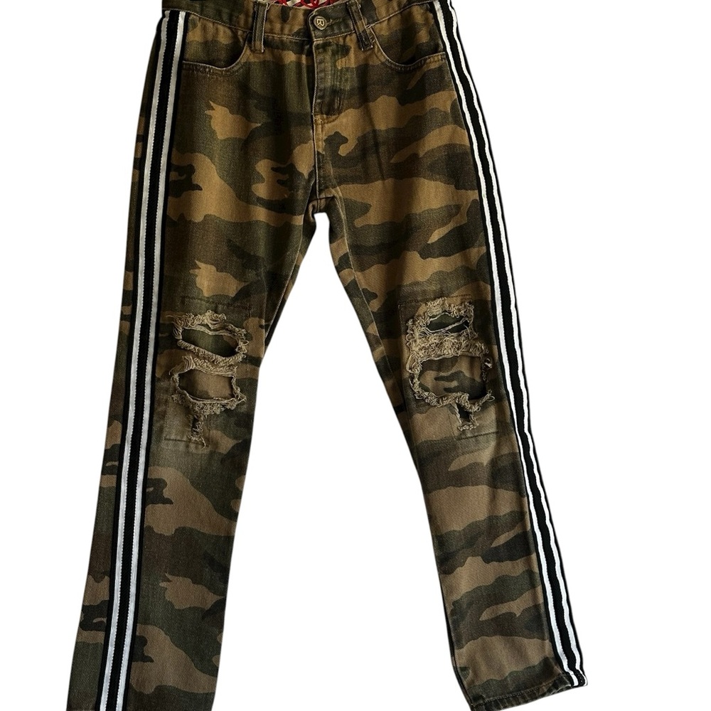 LR Scoop Jeans Boys Sz 14 Green Camo Moto Racer Stripe Distressed Skinny Denim